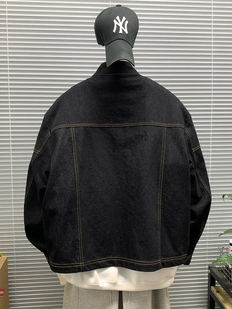 Men Denim Top"American Vintage Denim Jacket Men Stand Collar Cotton"
