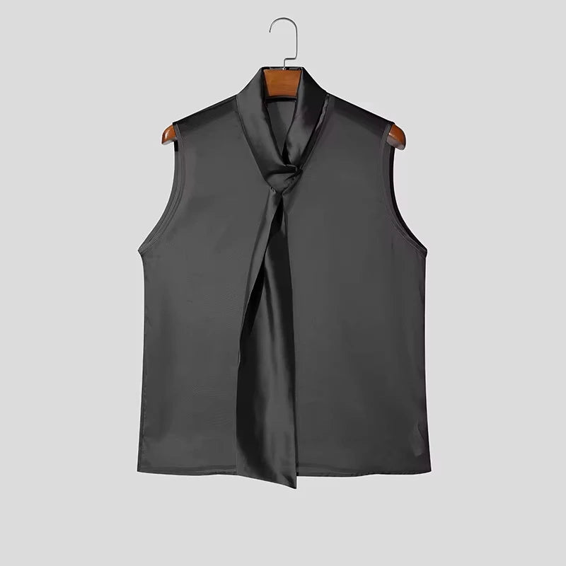 Men Tank "See Through Sleeveless, Tie Neck"