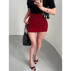Women Skirt "Sexy High Waist Short Skirt with Button Decoration Belted Hanging Neck Bodycon Half-length"