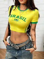 Women T-Shirt & Polo"Brazil Print Jersey Round Neck Short Sleeve Top T-shirt"