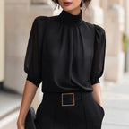 Women Blouse & Shirt "Mock Neck Gathered Front Puff Elbow Sleeve Chiffon Blouse"
