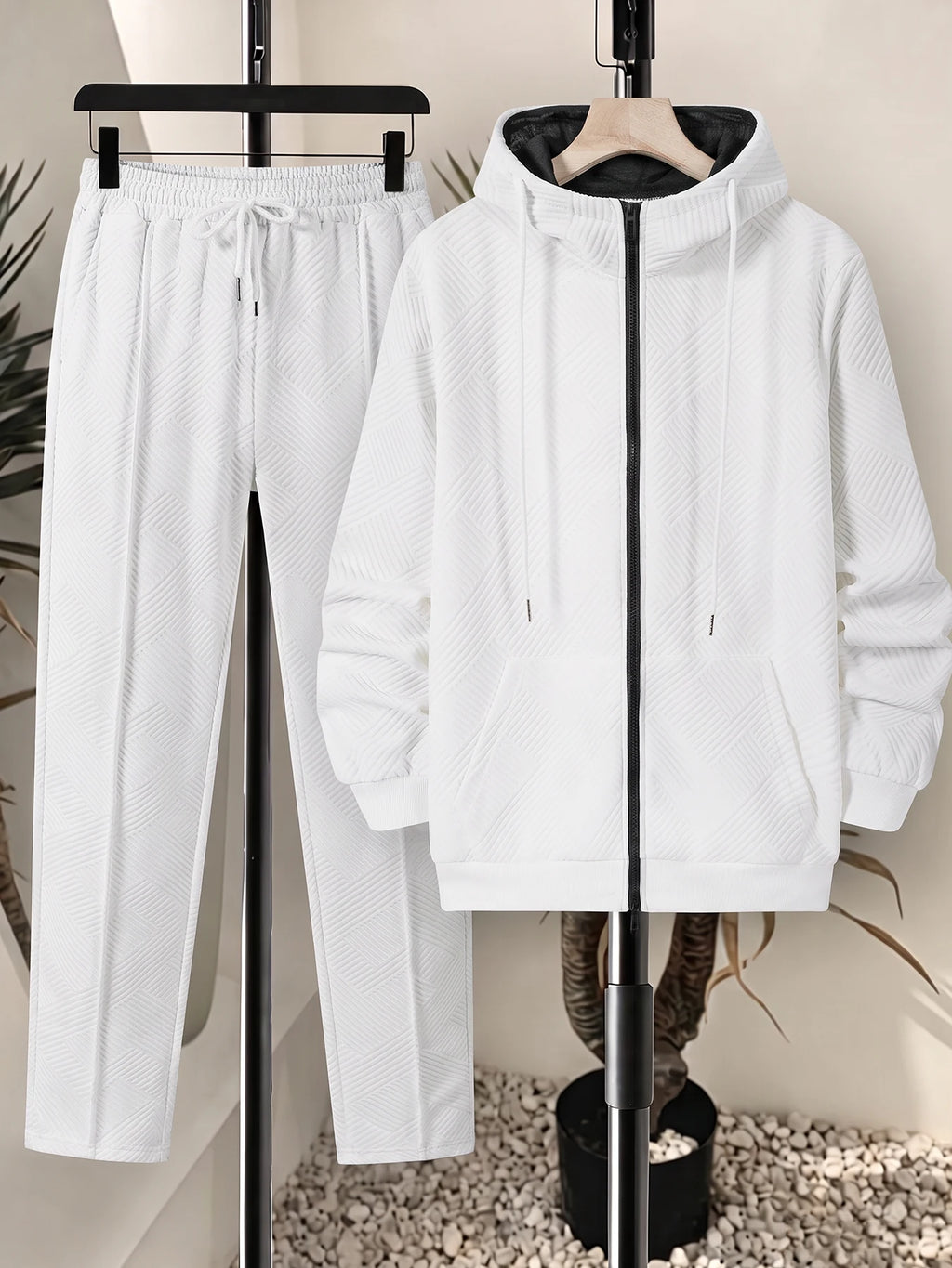Men Matching Set "Tracksuit Set Textured Full Zip Hooded Jacket + Drawstring Straight Pants"