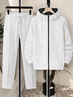 Men Matching Set "Tracksuit Set Textured Full Zip Hooded Jacket + Drawstring Straight Pants"