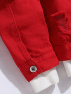 Men Denim Top"Red Large Ripped Frayed Denim Jacket"