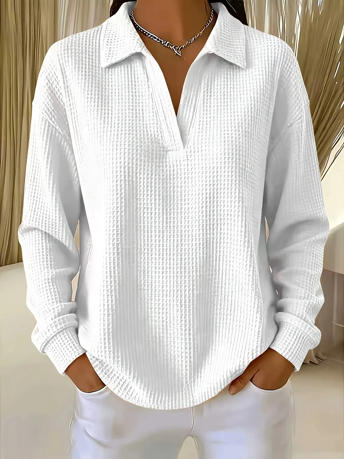 Women T-Shirt & Polo "Waffle Knit Polo Shirt Long Sleeve Stretch Solid Color Casual Ladies Blouse"