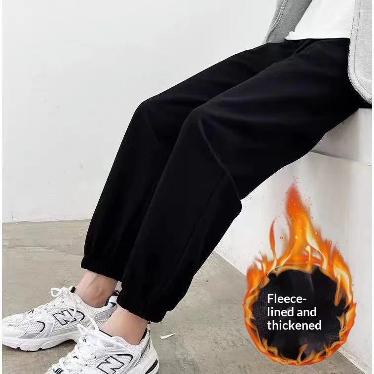 Women Casual Jogger Pants High Waist Elastic Cuff Sweatpants 2025 New American Style Loose Wide Leg Warm Fleece Lined Pants for