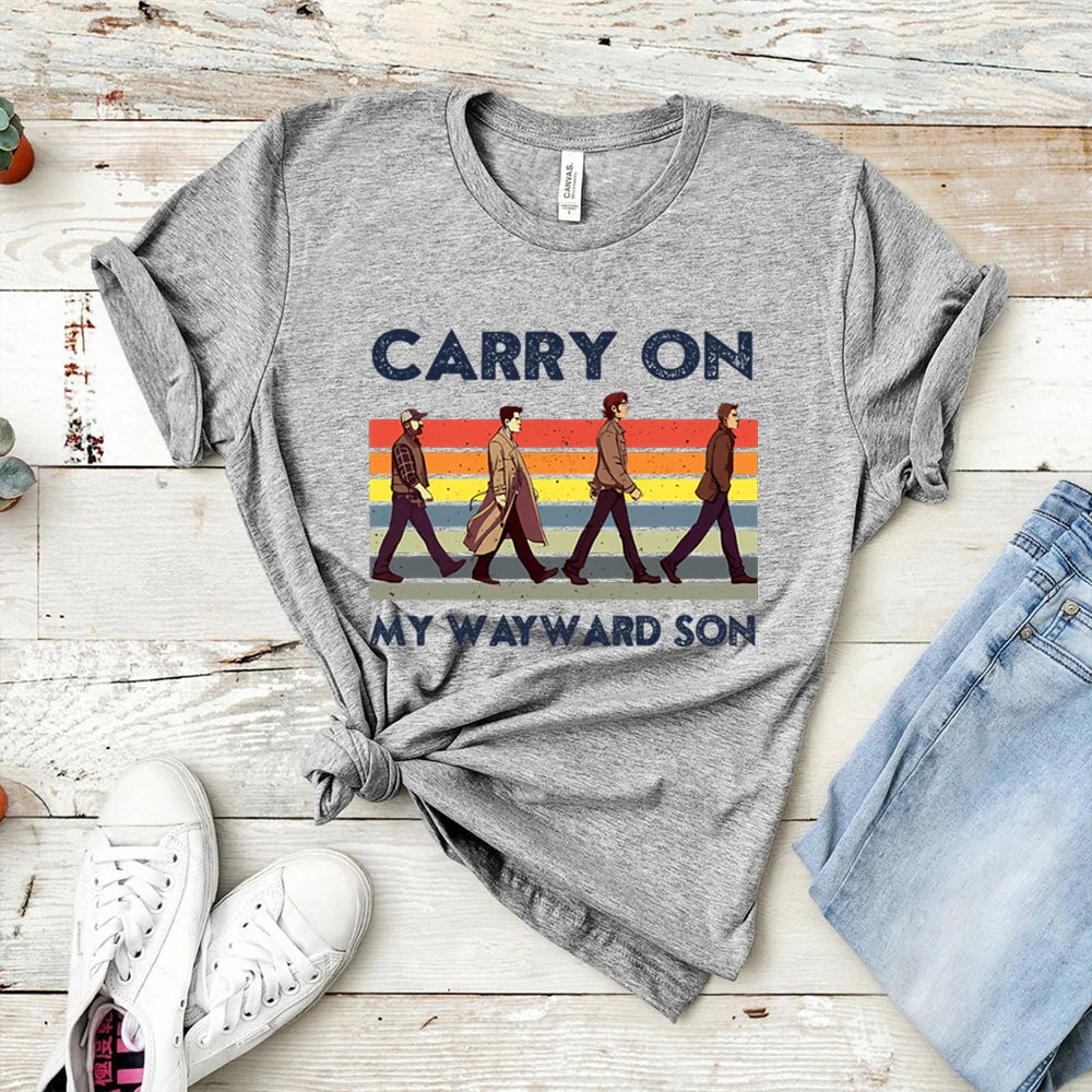 Supernatural Carry on My Wayward Son Vintage T-Shirt Sam and Dean Winchester Brothrs Shirt Trendy Abbey Road Winchester 2025 Top