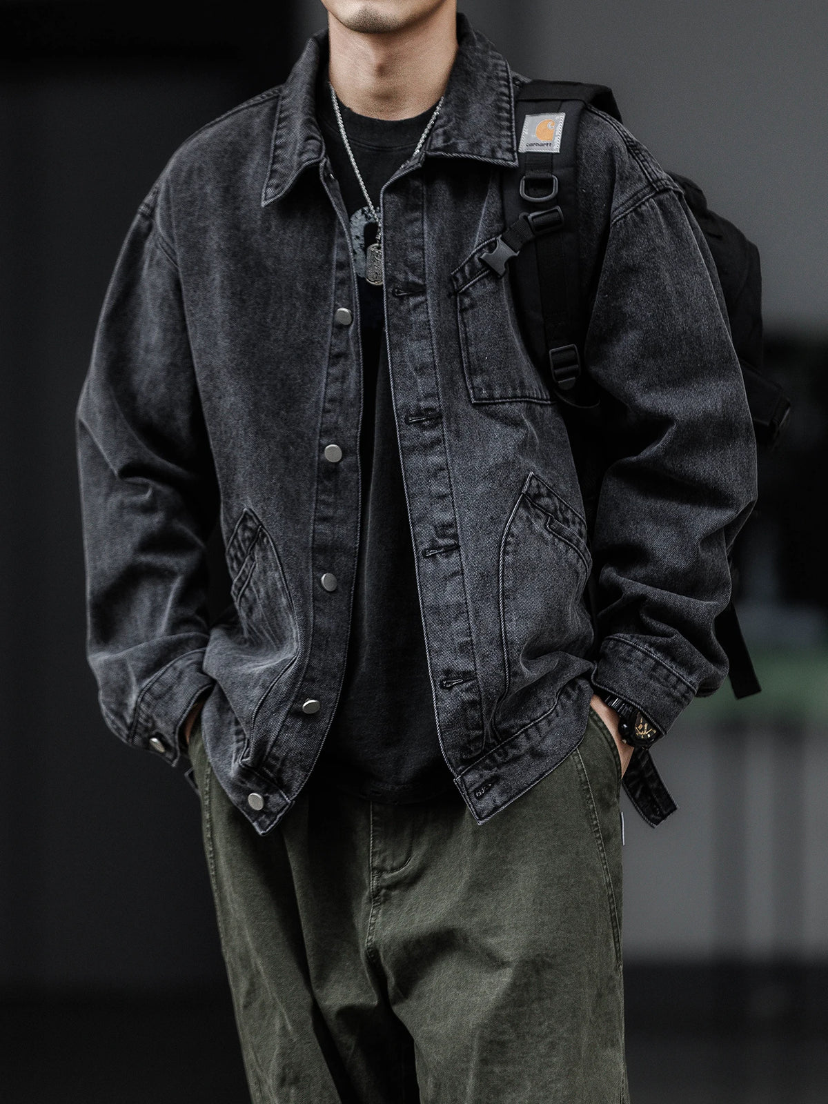 Men Denim Top"Vintage Heavyweight Denim Jacket Washed Distressed Style Lapel Collar Classic"