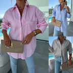 Women Blouse & Shirt "Women's Shirt Long Sleeve Striped Pocket Button Blue Casual Loose Top Street Office Pink Blouses"