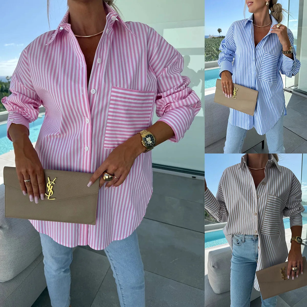 Women Blouse & Shirt "Women's Shirt Long Sleeve Striped Pocket Button Blue Casual Loose Top Street Office Pink Blouses"