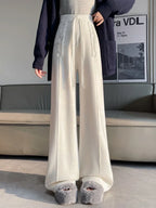 Women Trouser "Fall Winter Thick Draping High Waist Straight Cashmere Floor Length Trousers"