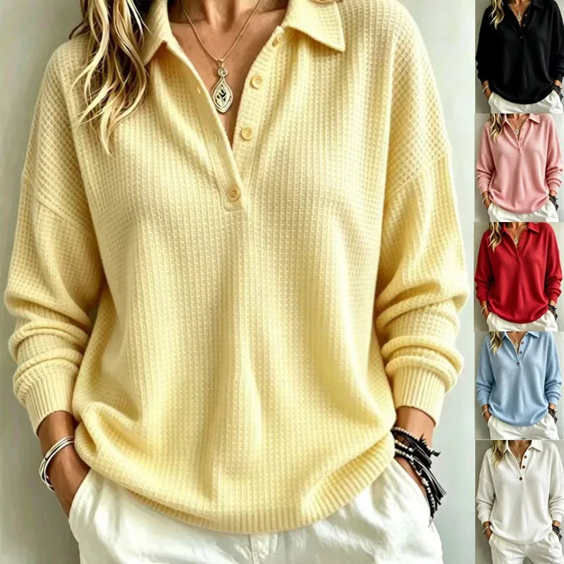 Women T-Shirt & Polo "Waffle Knit Polo Shirt Collar Half Button Long Sleeve Blouse"