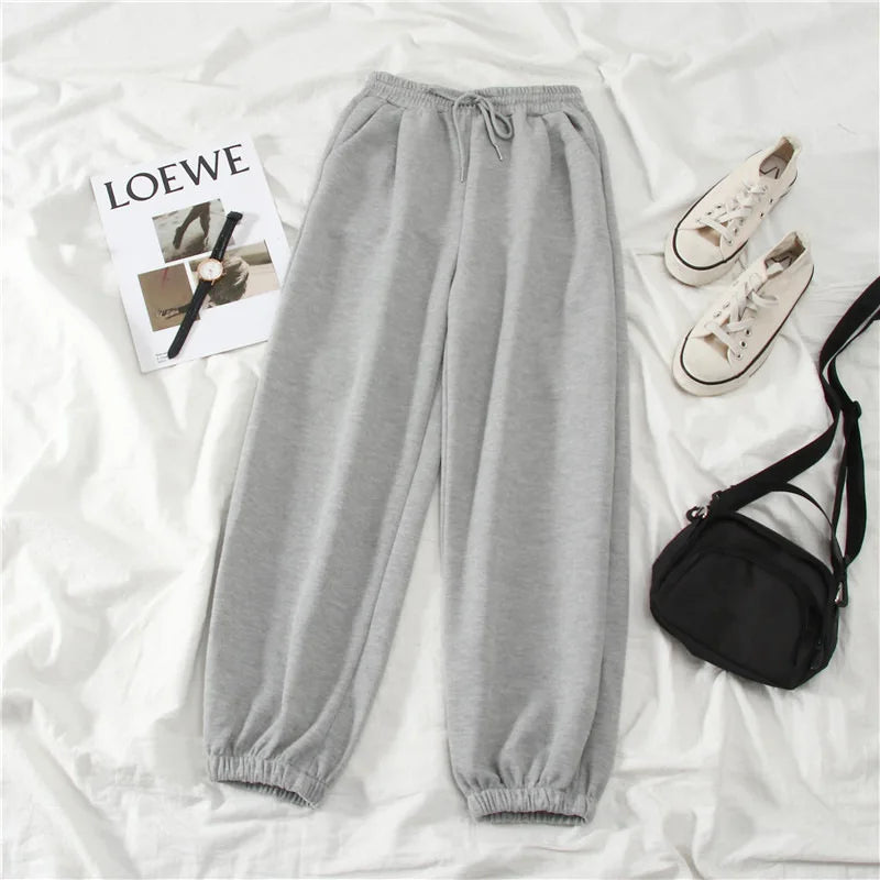 Women Casual Jogger Pants High Waist Elastic Cuff Sweatpants 2025 New American Style Loose Wide Leg Warm Fleece Lined Pants for