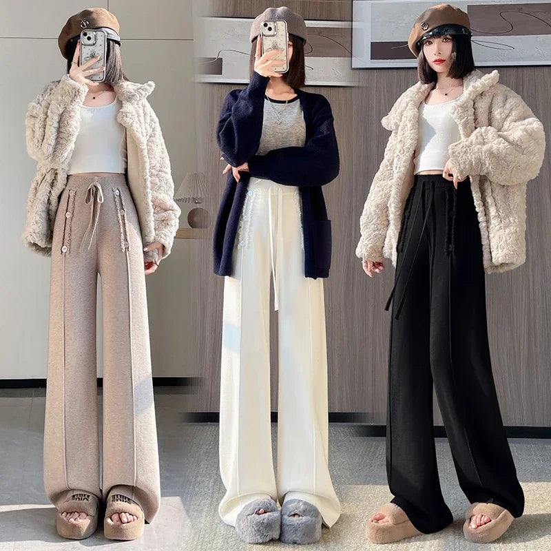 Women Trouser "Fall Winter Thick Draping High Waist Straight Cashmere Floor Length Trousers"