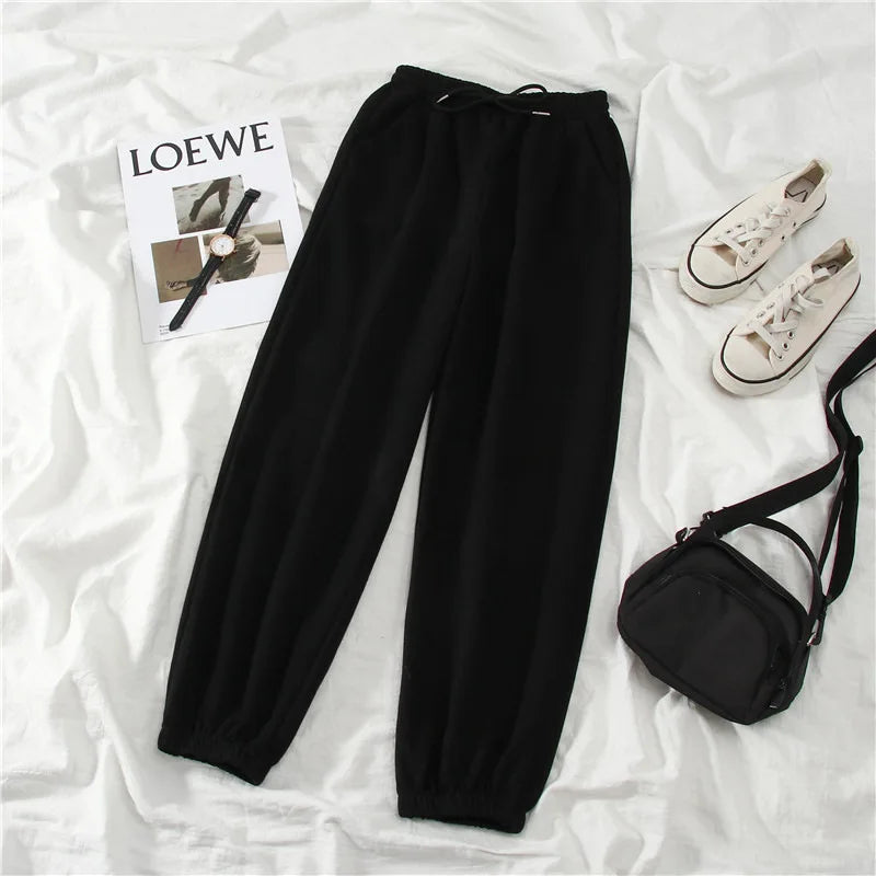 Women Casual Jogger Pants High Waist Elastic Cuff Sweatpants 2025 New American Style Loose Wide Leg Warm Fleece Lined Pants for