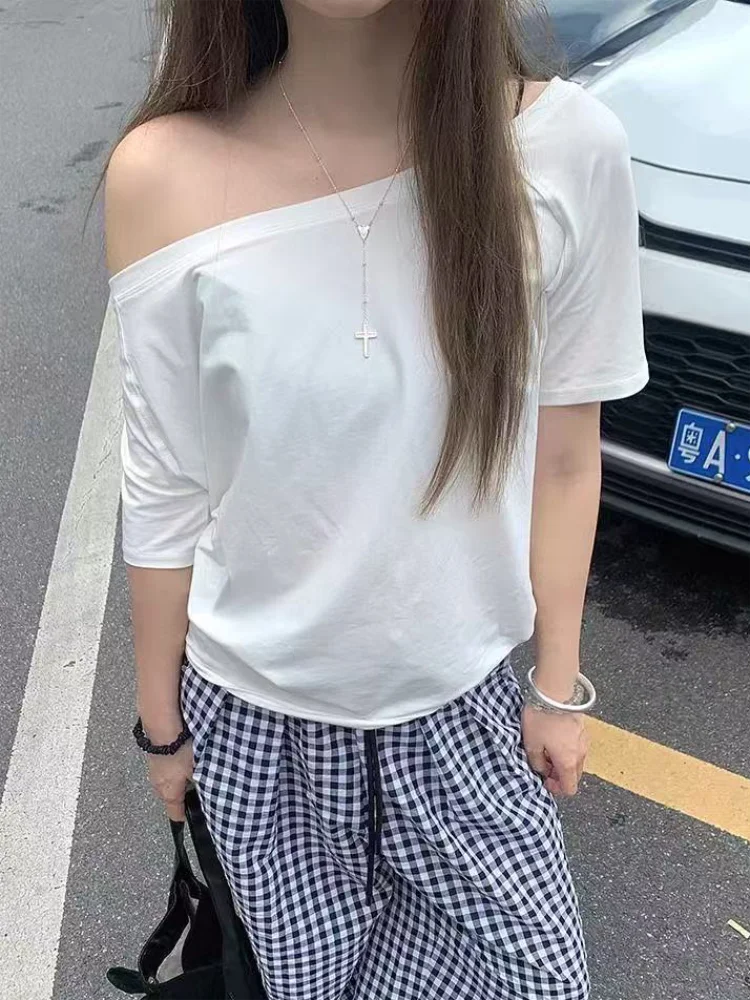 Women T-shirts & Polo "Off Shoulder Solid Short Sleeve Summer Chic Loose Casual Daily Simple Sexy"
