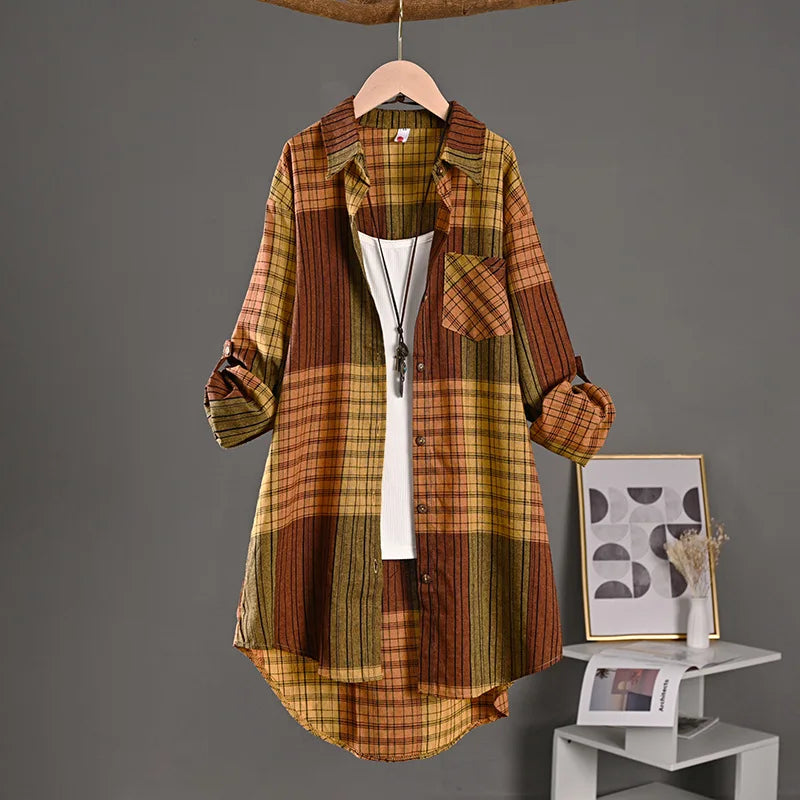 Women Blouze & Shirt "Checkered Shirt Woman Women's Buttoned Shirts Linen Blouses"