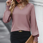 Women Blouse & Shirt "Splicing Elegant Long-sleeved Office Top Solid Color V-neck Pleated Blouses"