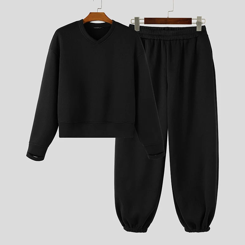 Men Matching Set "INCERUN Men's Sets Solid Color Loose V Neck Long Sleeve Hoodies Pants"
