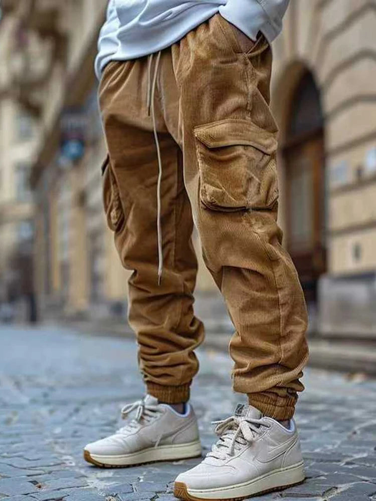 Men Cargo Pants "Vintage Solid Color Multi Pockets Corduroy"