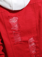 Men Denim Top"Red Large Ripped Frayed Denim Jacket"