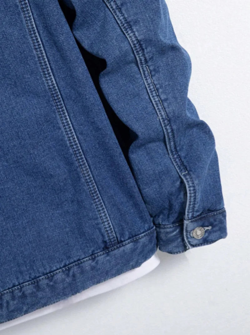 Men Denim Top"Blue Sherpa Fleece Lined Denim Jacket Lamb Fur Collar"