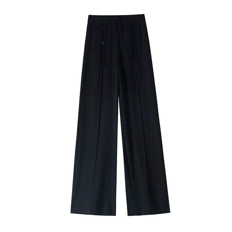 Women Trouser "Fall Winter Thick Draping High Waist Straight Cashmere Floor Length Trousers"