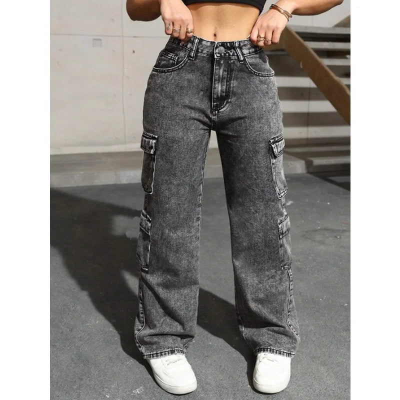 Womens Jeans "Y2k Jeans High Waist Stretch Cargo Pants Multiple Pockets Casual Trousers For Ladies Fashion Retro Style"