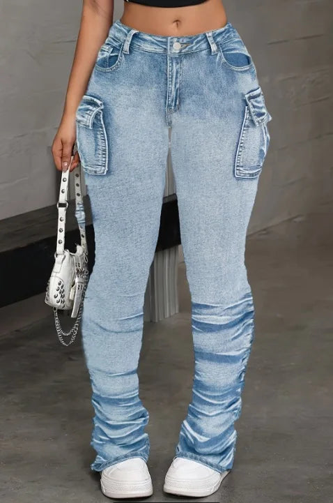 Women's High Waisted Elastic Casual Leg Stack Jeans Sexy Hip Lifting Street Style Multi Pocket Workwear Jeans