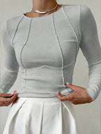 Women T-Shirts & Polo "Long Sleeve Ribbed Knit T-Shirt 2026 Autumn Slim Fit Cropped Top Wavy"