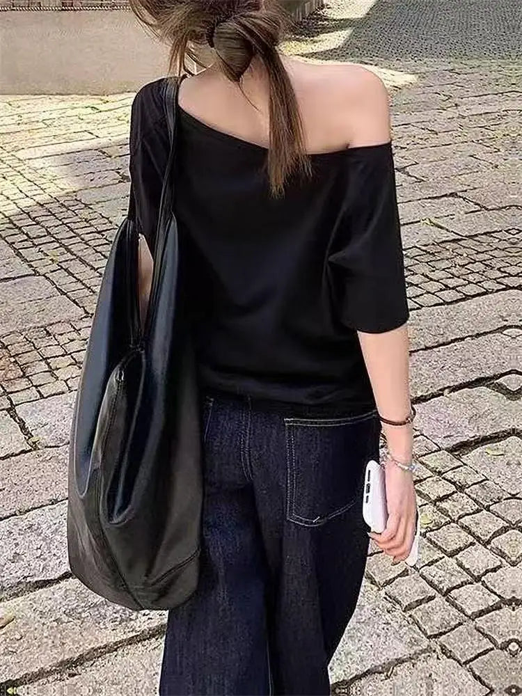 Women T-shirts & Polo "Off Shoulder Solid Short Sleeve Summer Chic Loose Casual Daily Simple Sexy"
