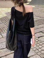 Women T-shirts & Polo "Off Shoulder Solid Short Sleeve Summer Chic Loose Casual Daily Simple Sexy"