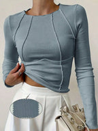 Women T-Shirts & Polo "Long Sleeve Ribbed Knit T-Shirt 2026 Autumn Slim Fit Cropped Top Wavy"