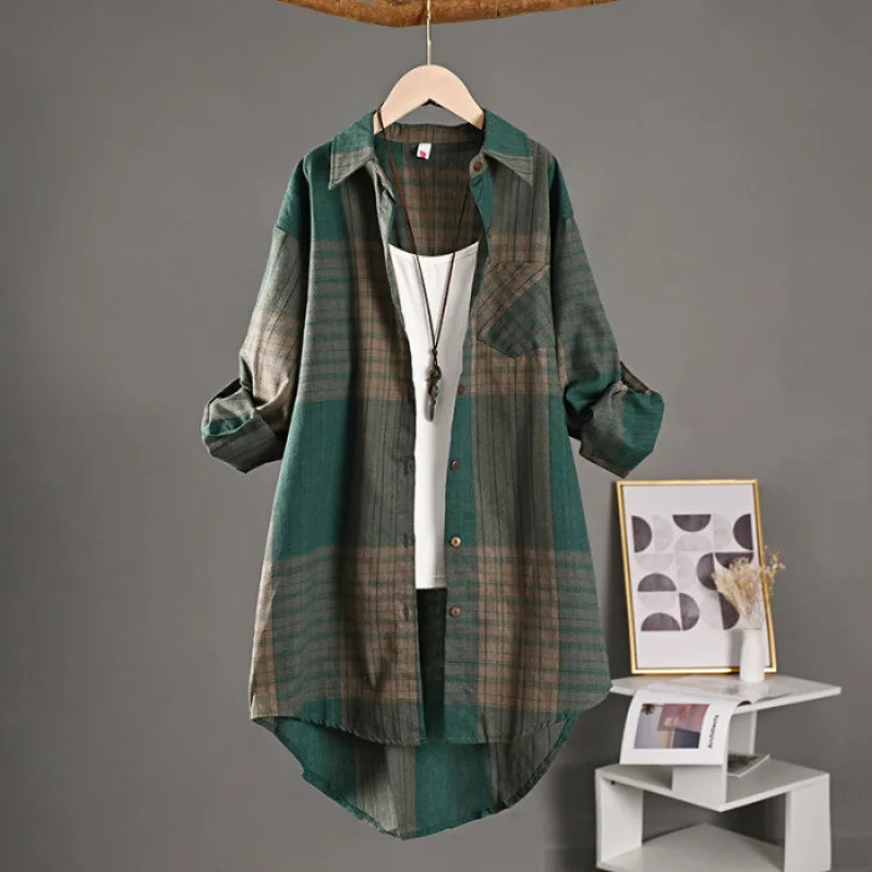 Women Blouze & Shirt "Checkered Shirt Woman Women's Buttoned Shirts Linen Blouses"