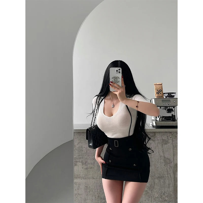 Women Skirt "Sexy High Waist Short Skirt with Button Decoration Belted Hanging Neck Bodycon Half-length"