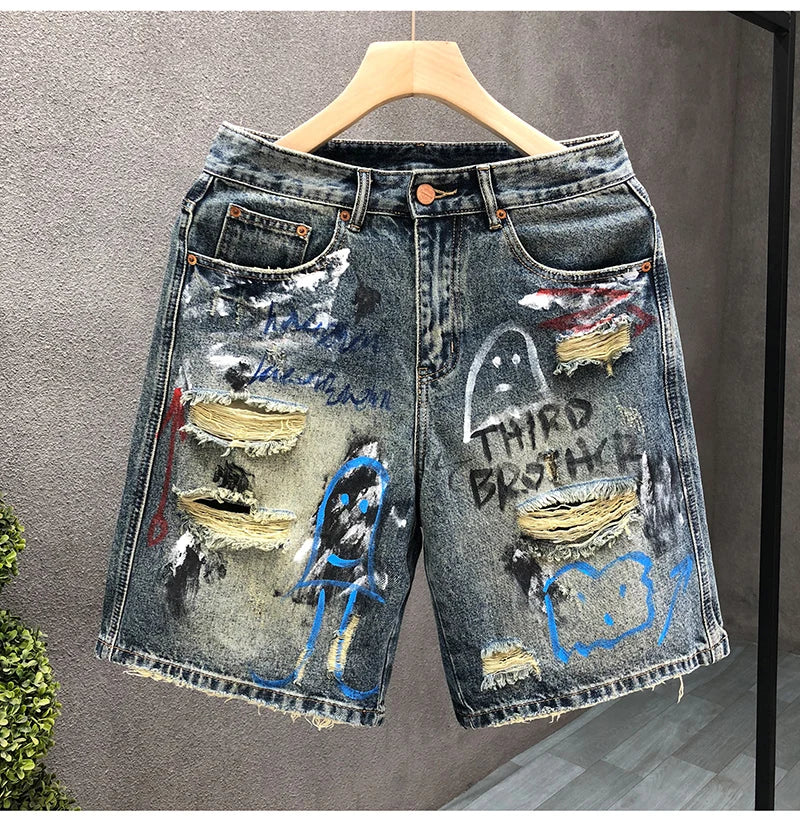 Men Short "Jeans Hip Hop Ripped Multi Color Male Denim Shorts Graphic Harajuku"