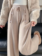 Women Trouser "Fall Winter Thick Draping High Waist Straight Cashmere Floor Length Trousers"