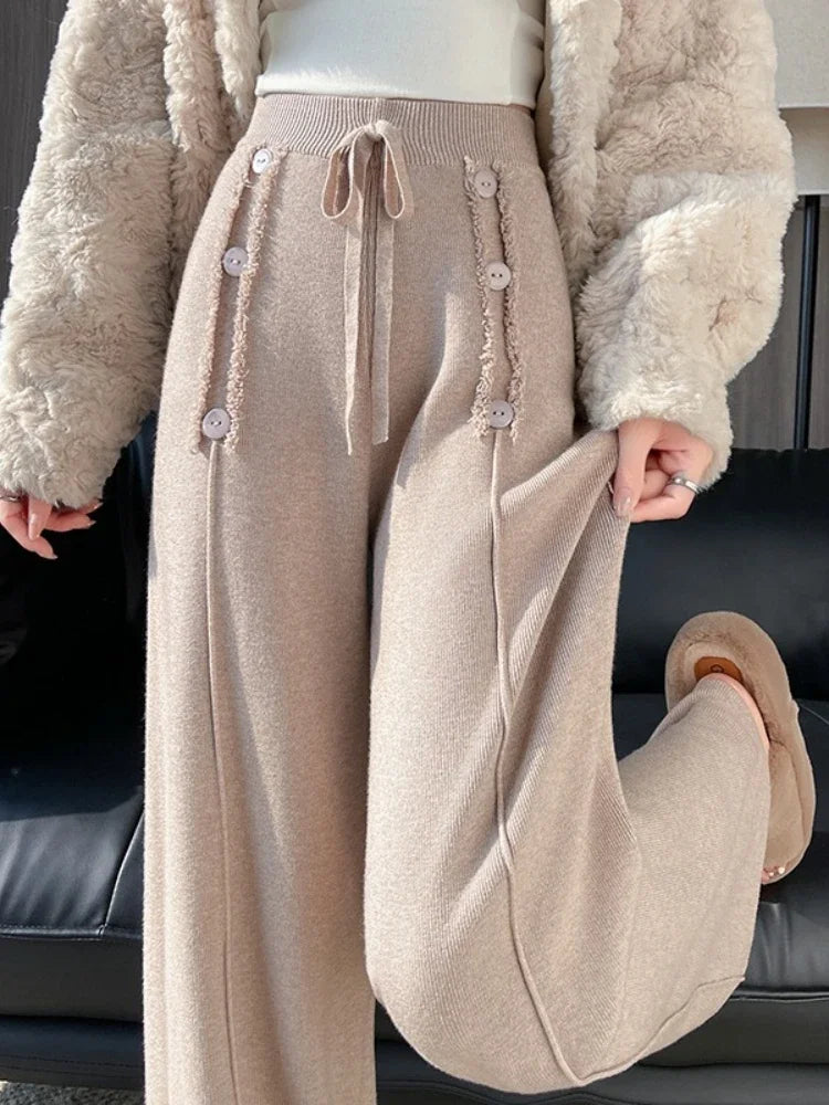 Women Trouser "Fall Winter Thick Draping High Waist Straight Cashmere Floor Length Trousers"