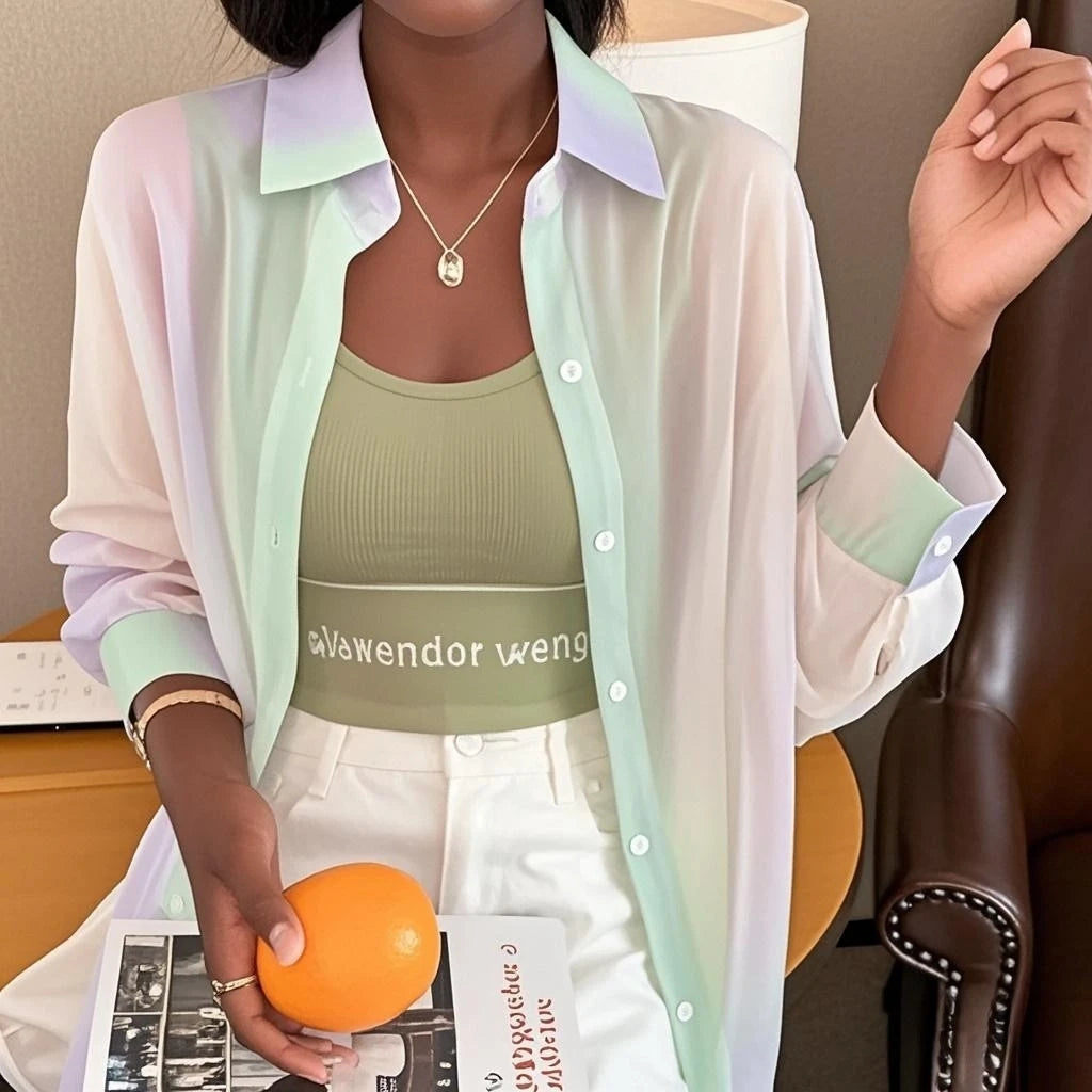 Women Blouse & Shirt "See-through Irregular Gradient Rainbow Long Sleeved Shirt And Blouses"