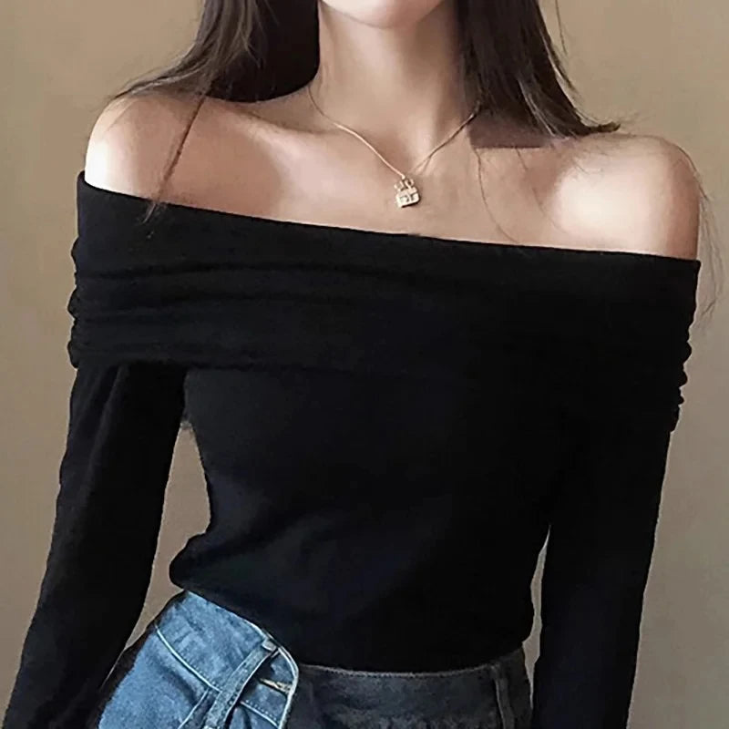 Wmen T-Shirt & Polo "Black Sexy Tops Off Shoulder Long Sleeve"