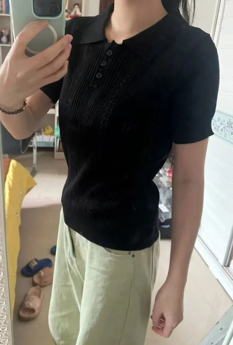 Women T-Shirt & Polo "Summer Women's Thin Knit Polo Shirt Hollow-Out Short Sleeve Top Knitted"