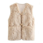 Women Coat & Jacket "HH Women Vintage Beige Faux Fur Vest V‑Neck Horn Button Sleeveless Plush Waistcoat"