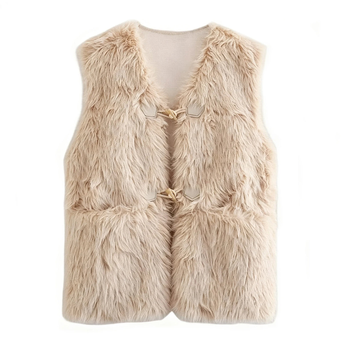 Women Coat & Jacket "HH Women Vintage Beige Faux Fur Vest V‑Neck Horn Button Sleeveless Plush Waistcoat"