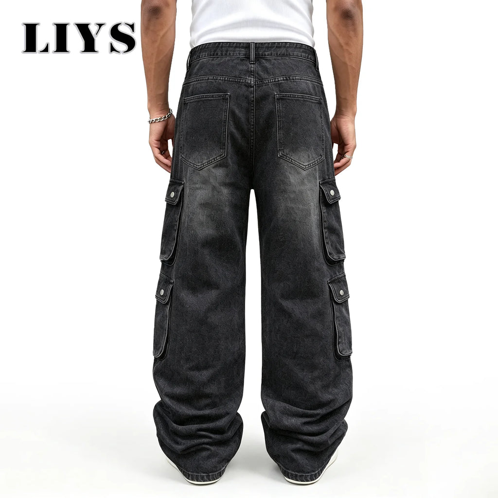 Men Cargo Pants "LIYS Men Retro Black Wash Multi Pocket Cargo Jeans Ripped Baggy"
