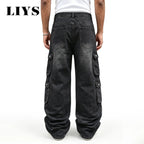 Men Cargo Pants "LIYS Men Retro Black Wash Multi Pocket Cargo Jeans Ripped Baggy"