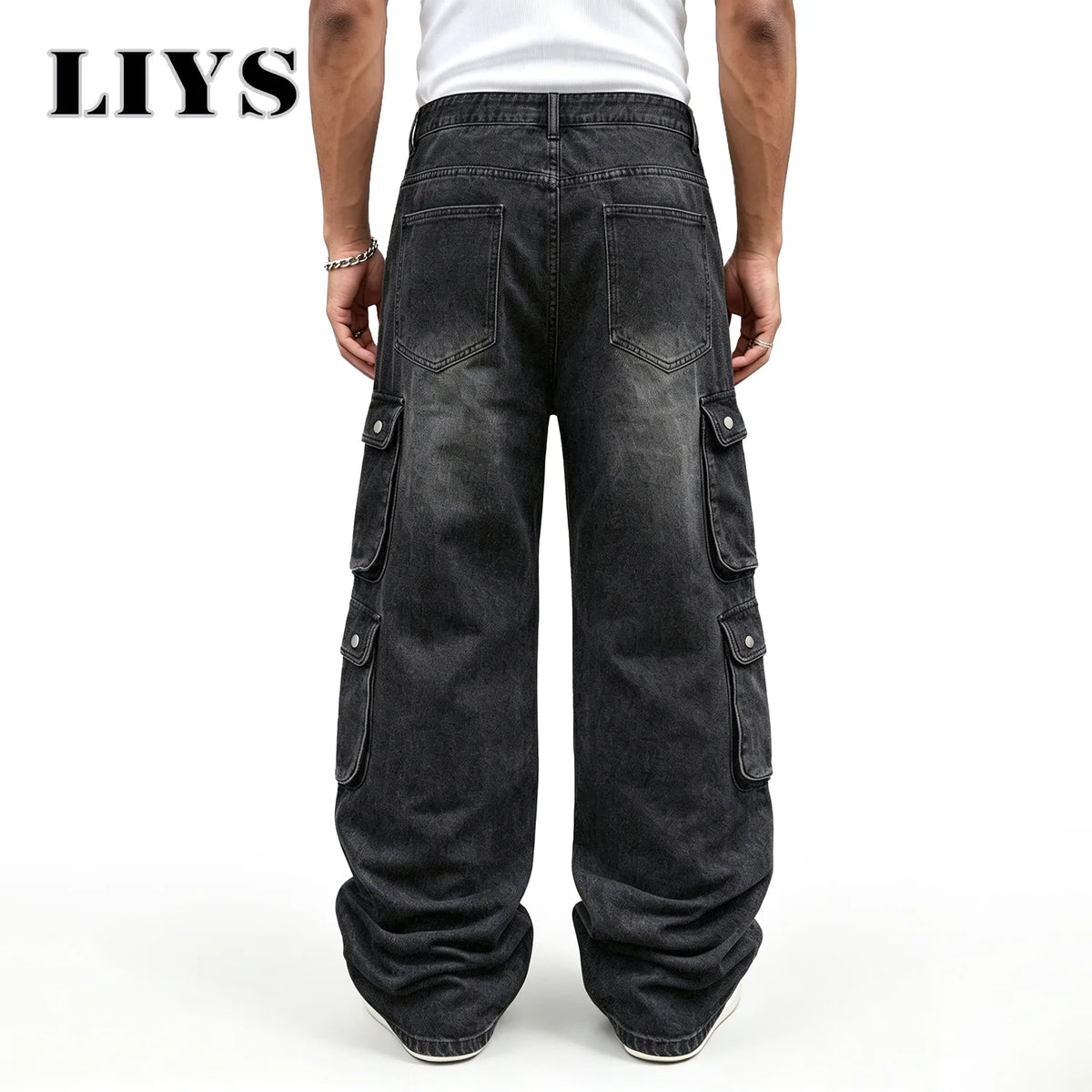 Men Cargo Pants "LIYS Men Retro Black Wash Multi Pocket Cargo Jeans Ripped Baggy"