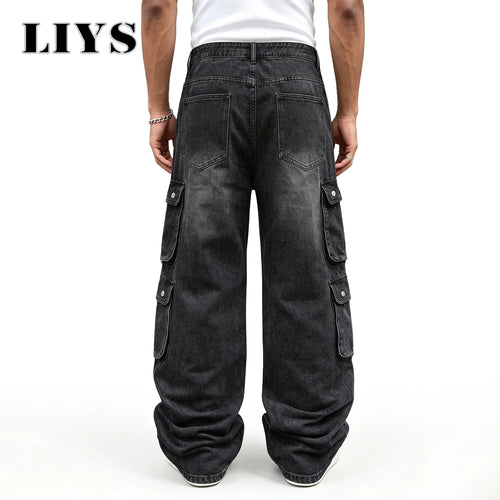 Men Cargo Pants "LIYS Men Retro Black Wash Multi Pocket Cargo Jeans Ripped Baggy"