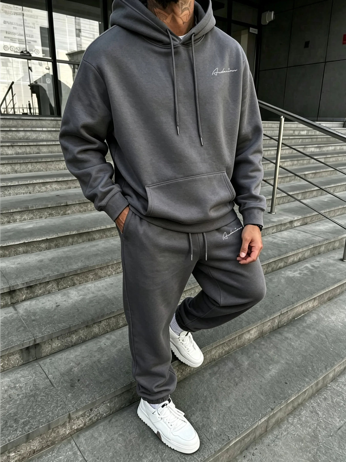Men Matching Set "Premium Men's 2 Piece Hoodie Tracksuit, Exquisite Cursive Handwritten Signature"