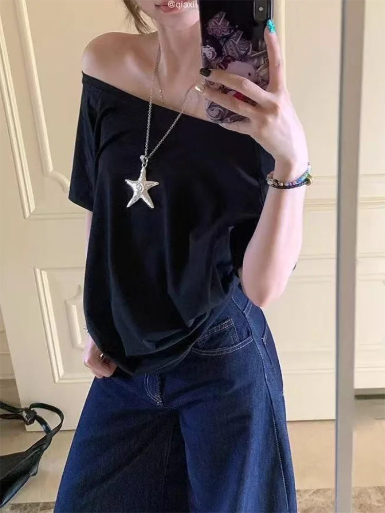 Women T-shirts & Polo "Off Shoulder Solid Short Sleeve Summer Chic Loose Casual Daily Simple Sexy"