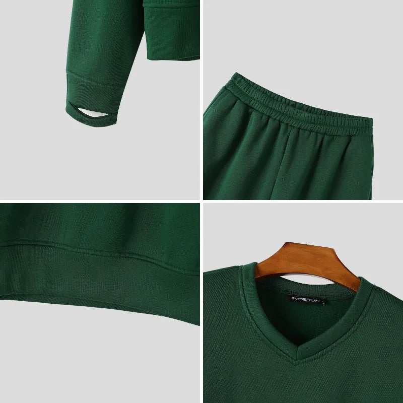Men Matching Set "INCERUN Men's Sets Solid Color Loose V Neck Long Sleeve Hoodies Pants"